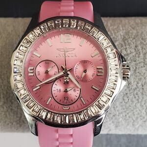 Invicta Angel 22472 Womens Pink Dial Crystal Bezel Silicone Strap Watch 100M